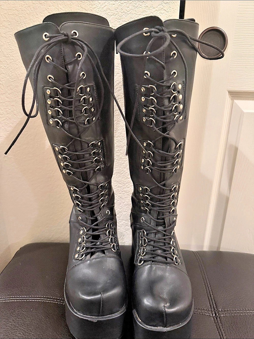 Y2K All New Made Materials Platform Lace-Up Over-the-Knee Boots Black US 8